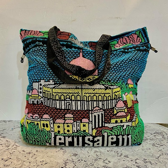 Vintage, Jerusalem, Colorful Beaded Tote Handbag 14in L x 12in H x 3.5in W - Picture 2 of 12